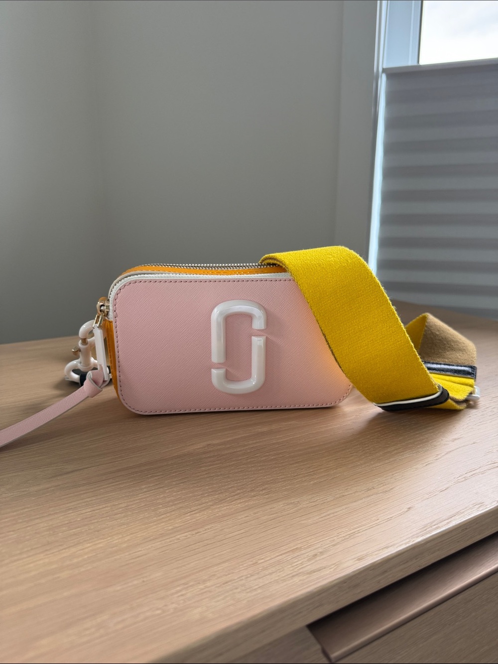 Pink Crossbody Camera Bag with Yellow Strap